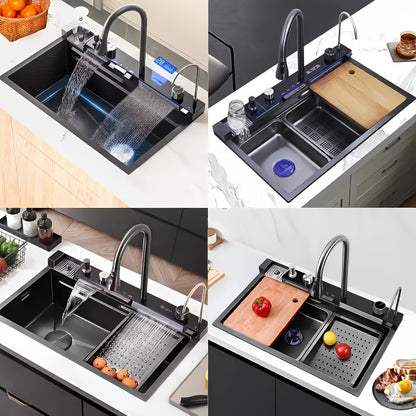 A Single-bowl Design Named 'Whale Rainfall Kitchen Sink' For Halloween And Christmas, Crafted From 304 Nanometre Stainless Steel. Features A Digital Display And Embossed Texture, Complete With Tap. Drainage Outlet Positioned