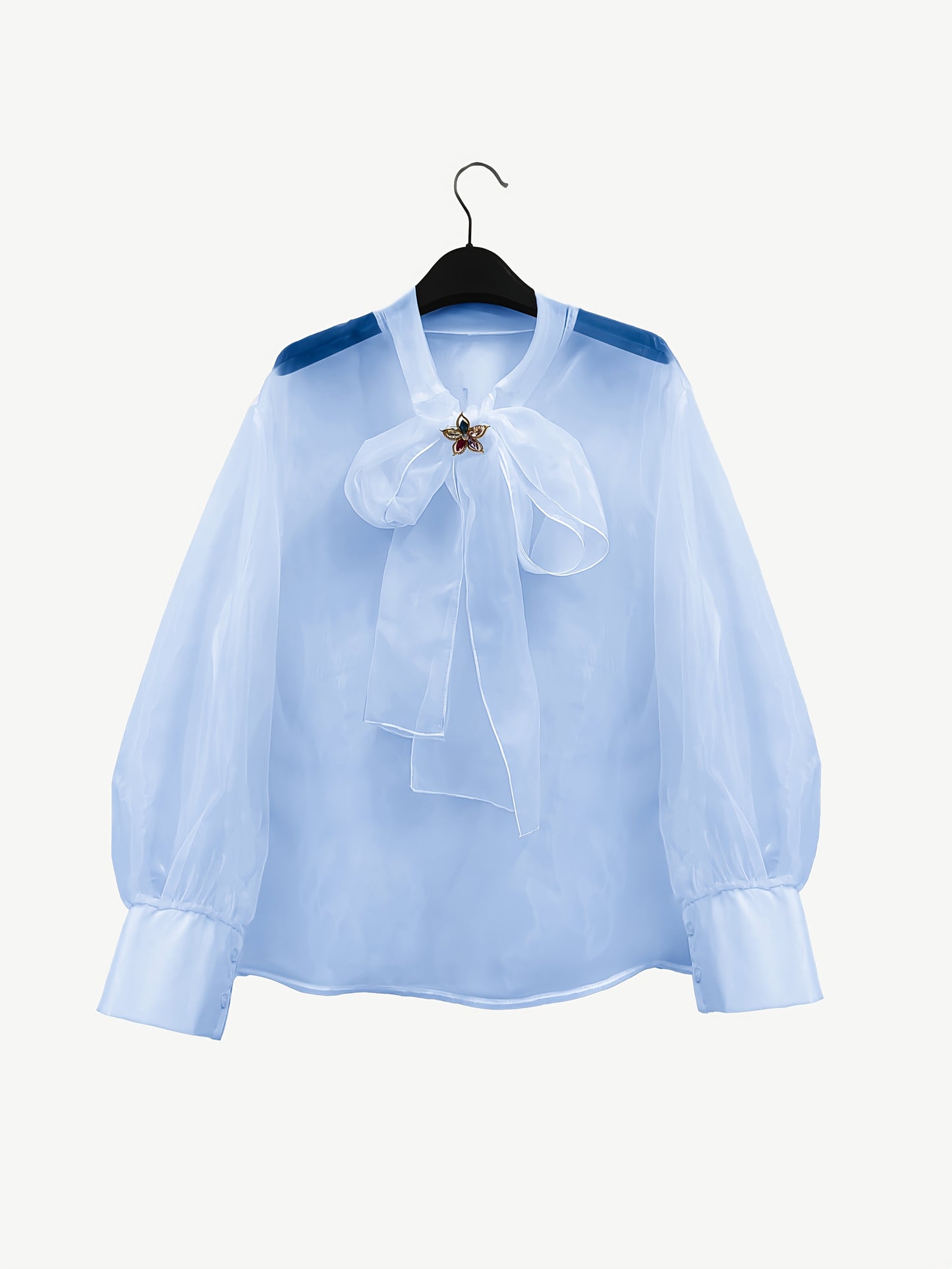 Elegant Plus Size Women'S Blouse with Sexy Bow Collar, Bubble Sleeves, and Pearl Accents - Chic Solid Color Non-Stretch Fabric for All Seasons, Plus Size Blouses