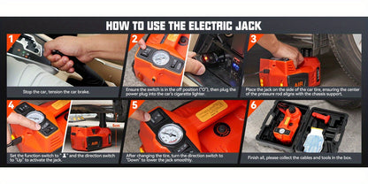 Macaco hidráulico reforçado de 12V e 5 toneladas (elevação de 15,5 a 45 cm) com compressor de ar e luz LED | Sistema de elevação sem fios para automóveis, SUV e camiões, troca de pneus e reparações em oficinas mecânicas.