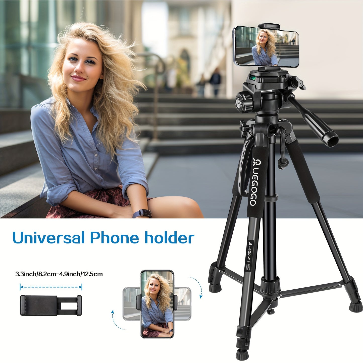 1pc UEGOGO 60-Inch Professional Aluminum Alloy Tripod Stand with Gimbal Head, Lightweight for Mirrorless Camera/DSLR/Camcorder/Cell Phone, Includes Storage Bag & Phone Clip