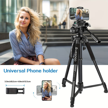 1pc UEGOGO 60-Inch Professional Aluminum Alloy Tripod Stand with Gimbal Head, Lightweight for Mirrorless Camera/DSLR/Camcorder/Cell Phone, Includes Storage Bag & Phone Clip