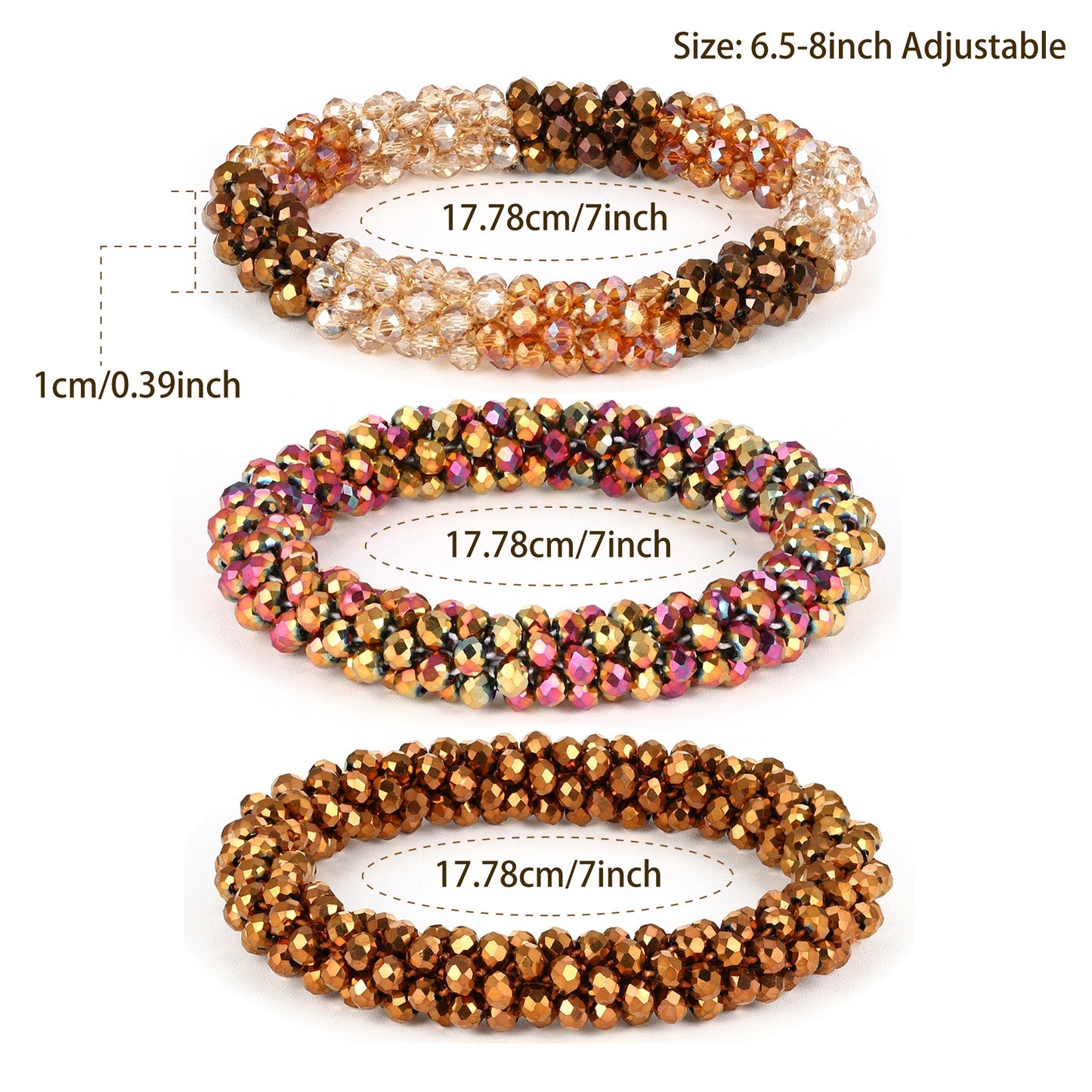 Esbbela 3pcs Bracelet Set Holiday Gift Beaded Artificial Crystal Stackable Strap Set with Elasticity Suitable for Women Men 16.51-20.32cm Daily Vacation