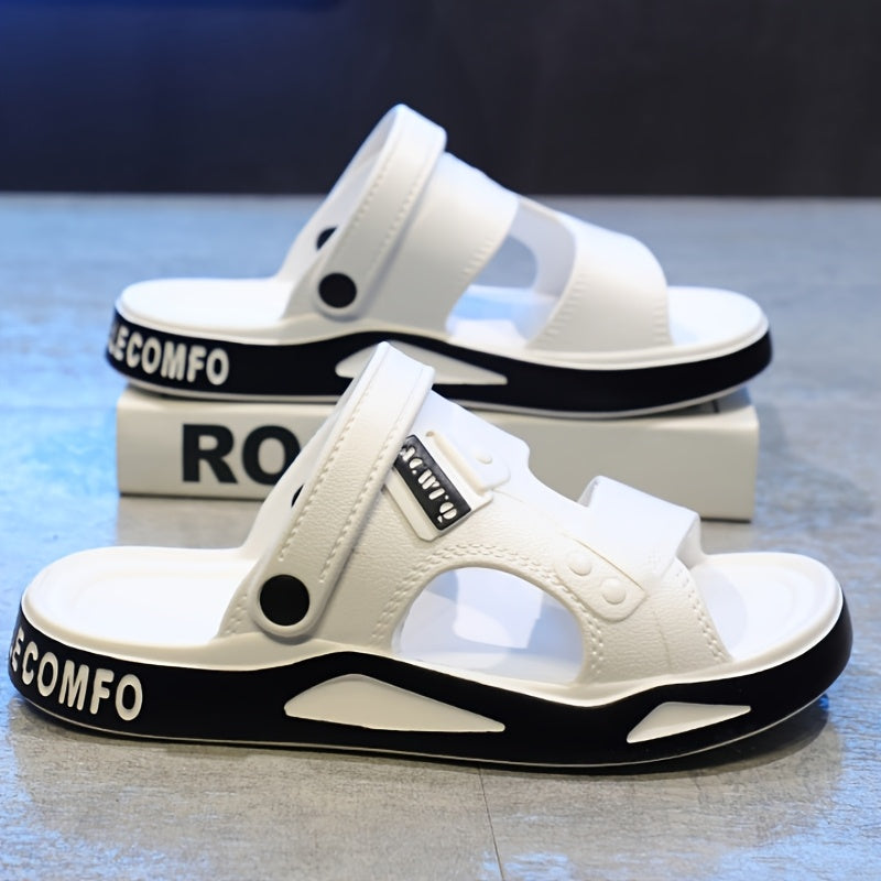 Sandálias de verão para homem, estilo slide - Confortáveis ​​em EVA, pretas com detalhes em branco, tira ajustável com fecho de velcro, design casual de bico aberto para uso exterior, sandálias de verão.