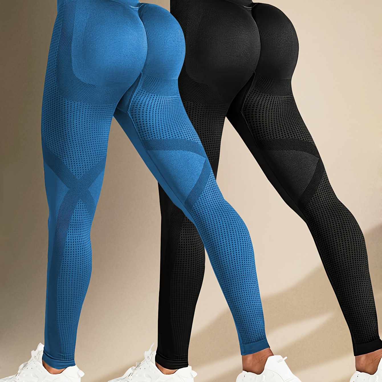 Two Solid Color High-Elasticity Fitness Yoga Leggings - Abdominal Control, Pleated, Elastic Waistband, Long Length, Made of Polyamide And Elastic Materials - Suitable for Women'S Activewear, Exercise, And All Seasons.