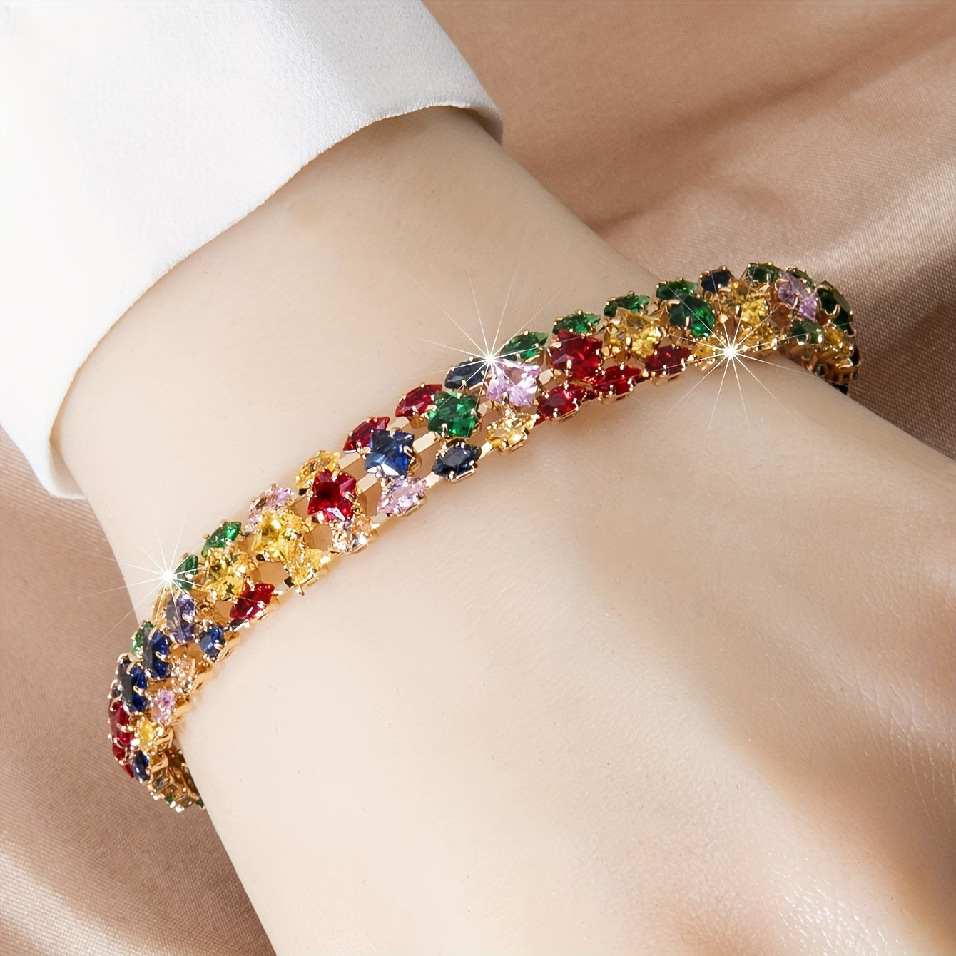 Elegant Boho-Chic Multicolor Geometric Zirconia Watch Clasp Chain Bracelet for Women - Perfect for Everyday &amp; Vacation Parties
