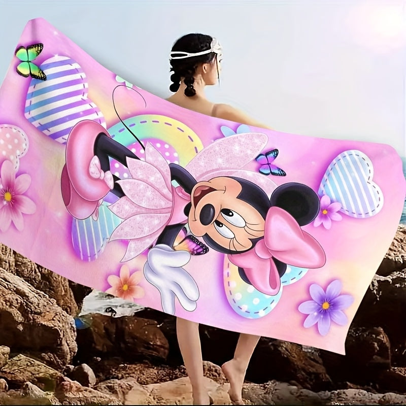 1pc Minnie Mouse Beach Towel - Soft, Lightweight, Sand-Proof & Quick-Drying Microfiber - Vibrant Cartoon Design with Hearts, Butterflies & Stripes - Perfect for Beach, Swim, Gym, Yoga &