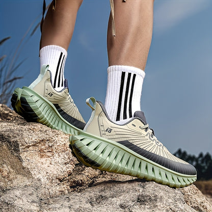 Men's Breathable Mesh Running Shoes - Lightweight, Non-Slip, Durable Hiking &amp; Fitness Shoes with Air Strap for Indoor/Outdoor Use, Gray and Green Design, Casual Sports Shoes | Modern Sneakers | Breathable Mesh Upper