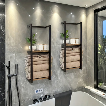 2-Layer Iron Wall-Mounted Towel Rack, French Country Style Bathroom Storage Rack, No Electricity Required, Durable Iron Material