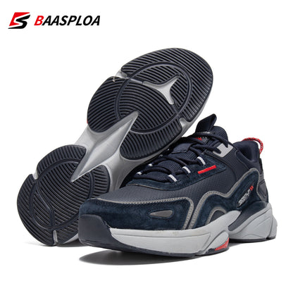 BAASPLOA Men's Sneakers - Lightweight Sneakers with Cushioned MD/TPR Sole, Beige/Black/Red Accent - Gym, Running, Everyday Shoes - Lace-Up Closure - All-Season (Spring/Fall/Summer) - Ideal for Men, Flexible Footwear