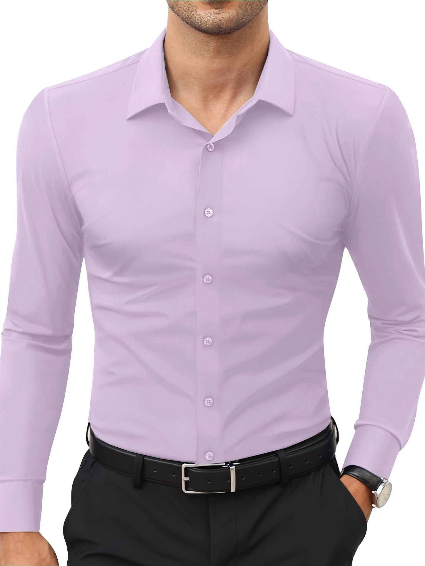 Camisola de homem de manga comprida com corte slim - 55% algodão, 40% poliéster, 5% elastano, cor lisa, para todas as estações, tecido plano, fecho com botões, gola de lapela, ideal para o fim de semana, 125 g/m²