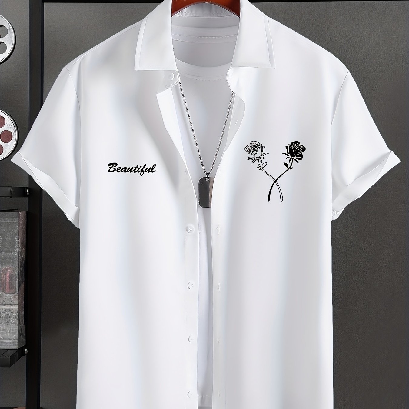 Rose And BEAUTIFUL Letter Graphic Print Men's Creative Top, Casual Non-Stretch Short Sleeve Lapel Shirt, Men's Clothes For Summer Outdoor