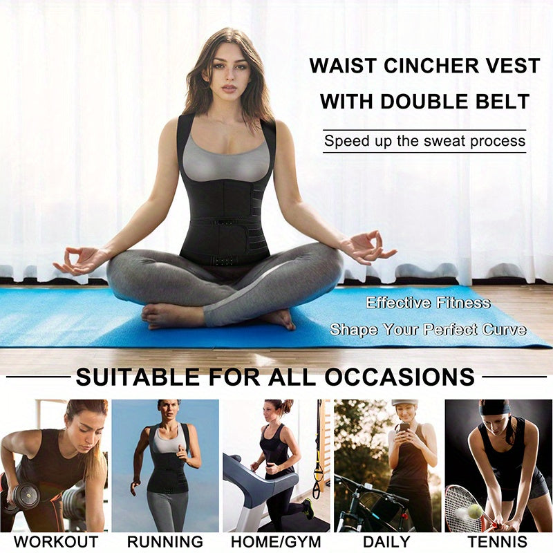 2-in-1 Sweat Sauna Sports Tank Tops, Waist Training Weight Loss Workout Exercise Sports Tops, Women's Activewear