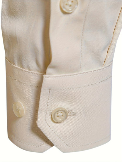 Camisola de homem de manga comprida com corte slim - 55% algodão, 40% poliéster, 5% elastano, cor lisa, para todas as estações, tecido plano, fecho com botões, gola de lapela, ideal para o fim de semana, 125 g/m²