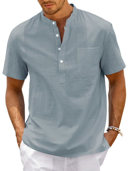 Camisa de homem, gola padre, manga curta, estilo Henley, ideal para o verão, uso casual, negócios e ocasiões formais.