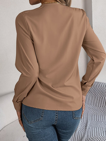 Women'S Elegant V-Neck Long Sleeve Shirt, Solid Color Polyester Blouse with Triple V-Cut, 95% Polyester 5% Elastane, Woven Fabric, 120g/m², for Spring/Summer/Fall - Adult
