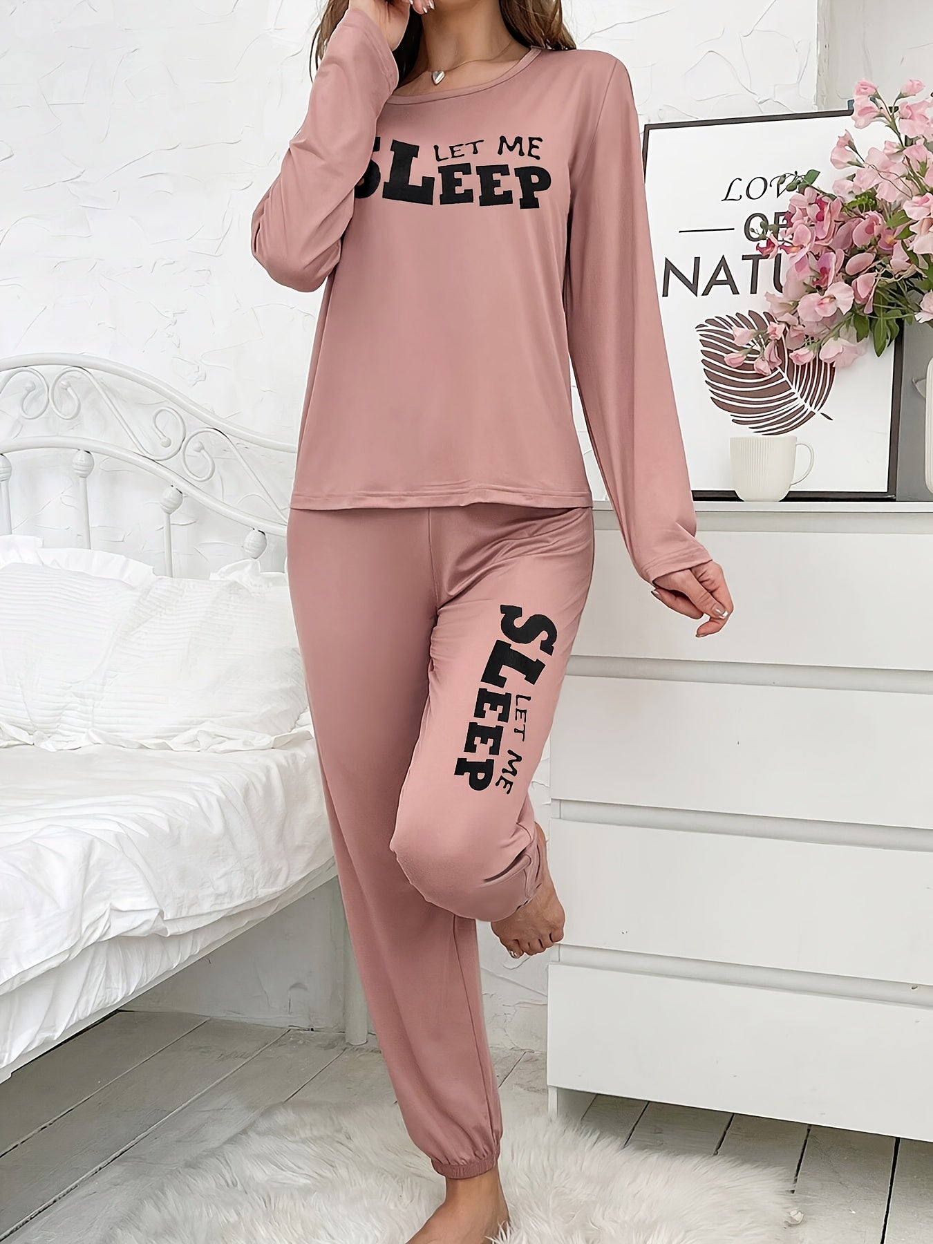 Autumn and Winter Women's Pajamas Long Sleeve Long Pants Cartoon Letter Print All-Season Casual Home Wear Set