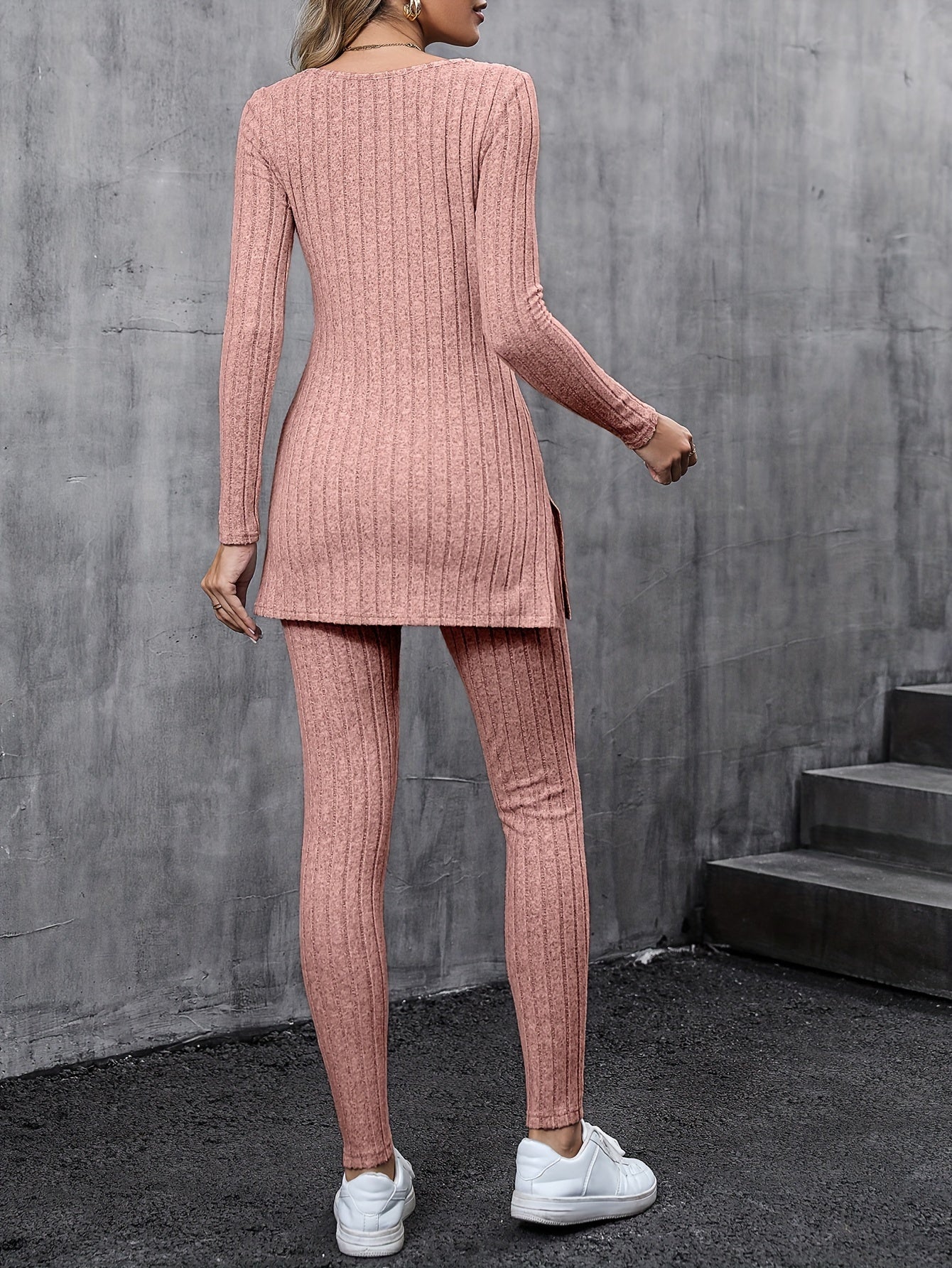 Ribbed Split Matching Two-piece Set, Casual Long Sleeve T-shirt & Pants Outfits, Women's Clothing