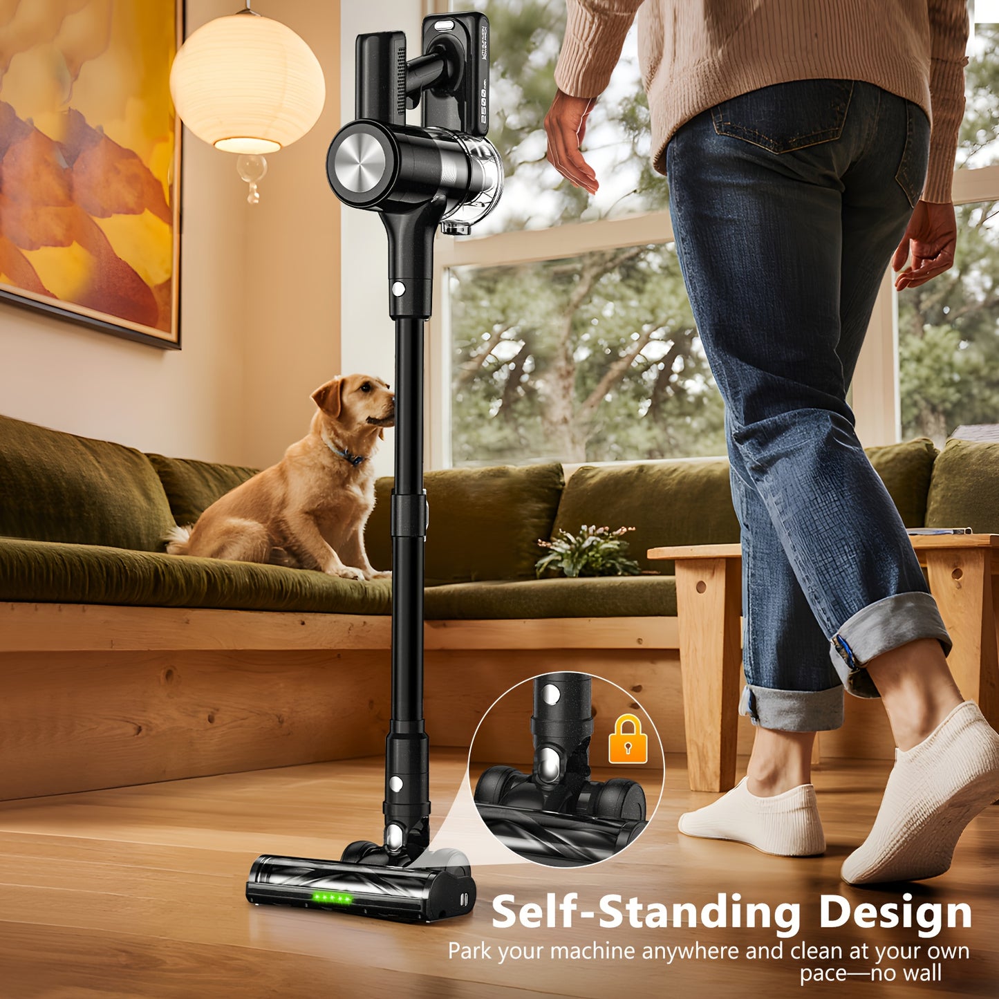 Cordless Vacuum Cleaner, Lightweight Powerful Stick Vacuum Cleaner, 60 Mins Runtime, Self-Standing, Stick Vacuum With Charging Dock Station, Upgraded Green Light&Anti-Tangle FloorBrush, Handheld Vacuum For Pet Hair/Carpet/Flo
