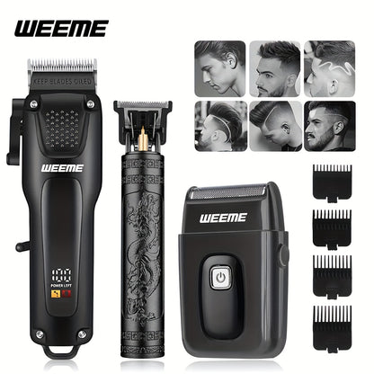 WEEME 3pcs Men's Grooming Kit - LCD Electric Clipper + Cordless Shaver + T-Blade Trimmer | USB-C Rechargeable w/Brushes & Care Accessories | Durable Hair/Facial Grooming Tools for Home & Travel