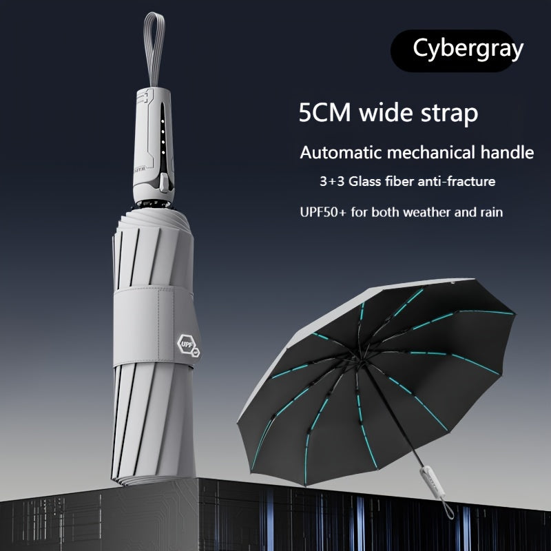 10 bone 3+3 glass fiber bone automatic folding umbrella, enlarged and thickened black rubber sunscreen coating, reinforced protective aluminum alloy skeleton, simple solid color design, unisex business sunshade dual-use umbre