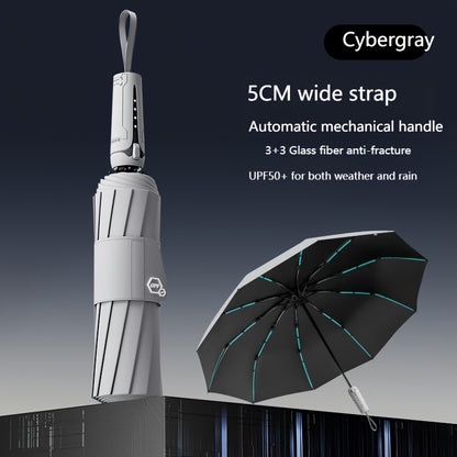 10 bone 3+3 glass fiber bone automatic folding umbrella, enlarged and thickened black rubber sunscreen coating, reinforced protective aluminum alloy skeleton, simple solid color design, unisex business sunshade dual-use umbre