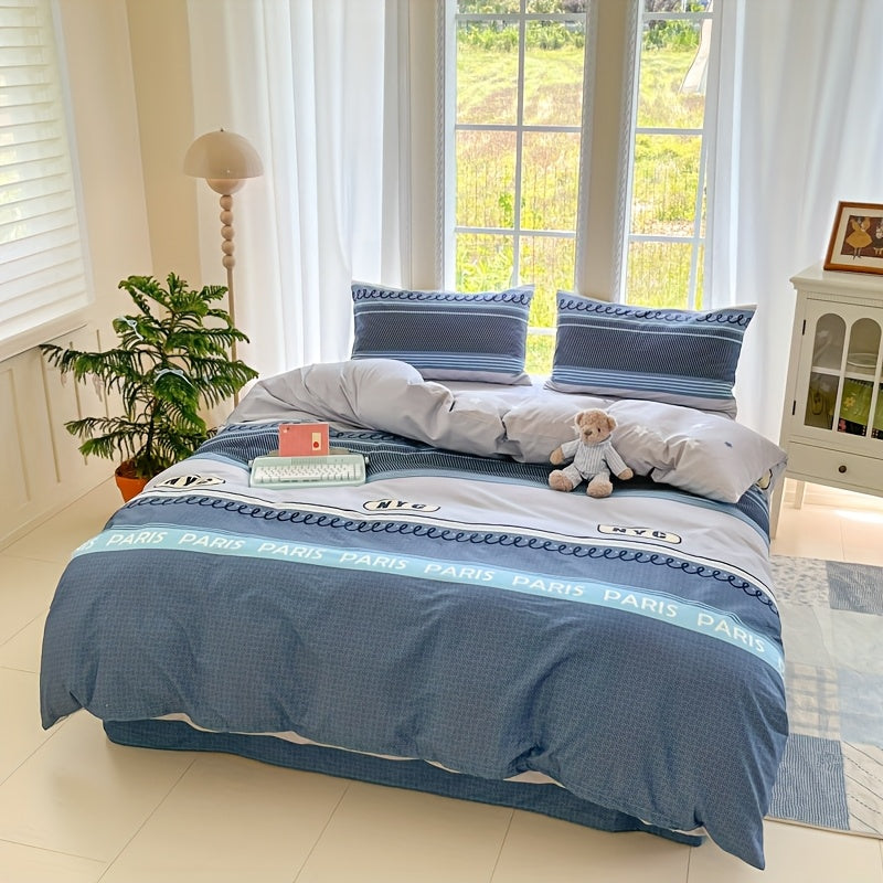 Four Seasons Beige-Friendly Printed Brooklyn Pattern Flannel Set, 4pcs 100% Cotton, 1 Duvet Cover + 2 Pillowcases + 1 Fitted Sheet, Soft and Delicate, Breathable and Sweat-Wicking, Simple and Elegant, Machine Washable,  Beddi