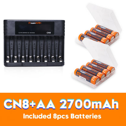 POWERKAN kit (battery + charger), 1.2V NiMH rechargeable AA and AAA batteries + CN8 charger, AA/AAA rechargeable and reusable, suitable for remote controls, alarm clocks, microphones and other household essential electronic d