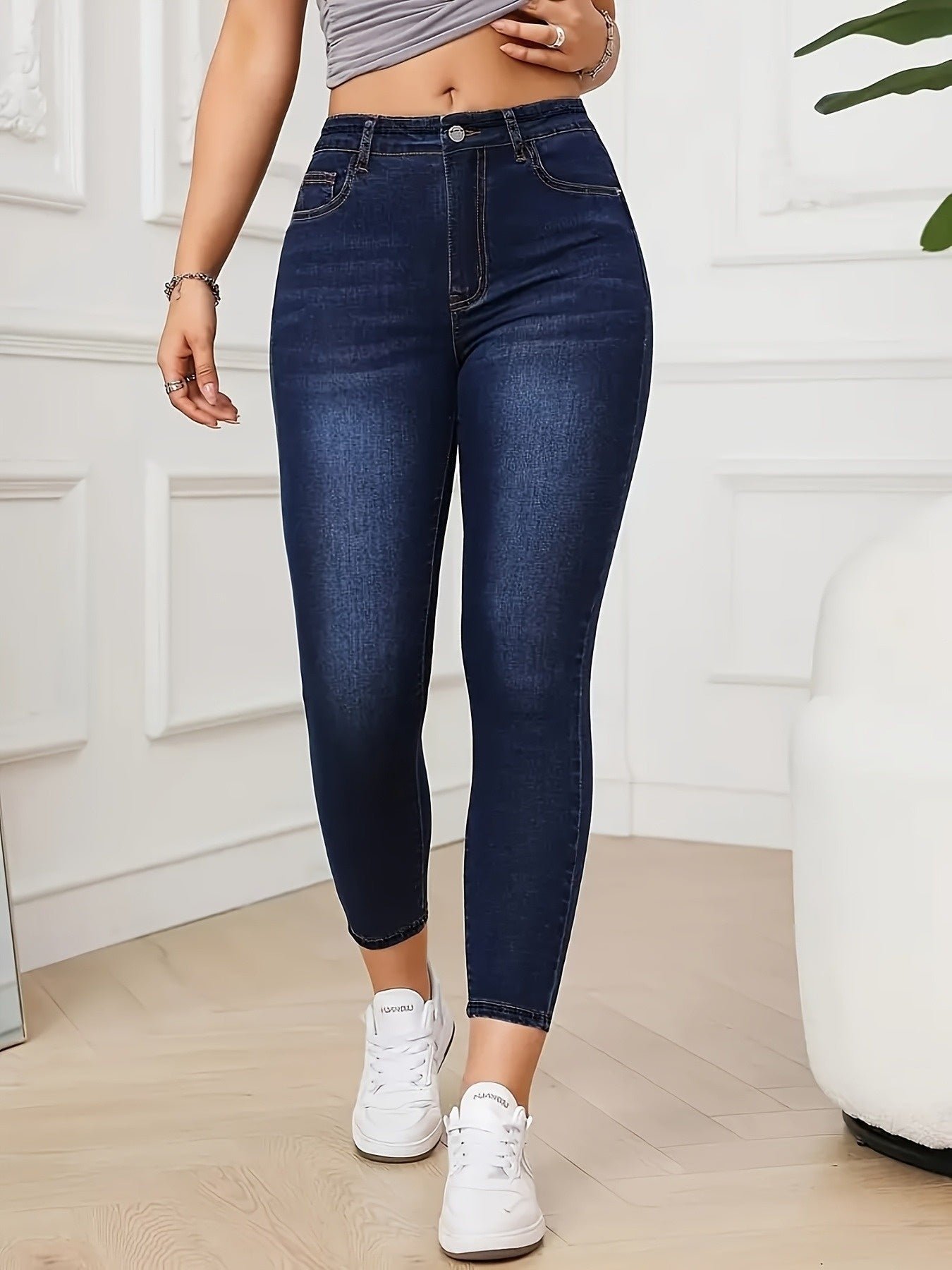 [Denim Print/Imitation Denim] Women's High-Waisted Stretchy Imitation Denim Leggings - Non-Denim Fabric Tight-Fitting Pants with Elastic Waistband, 9/10 Length Ankle Coverage, All-Season Casual to Semi-Formal Wear, Machine Wa