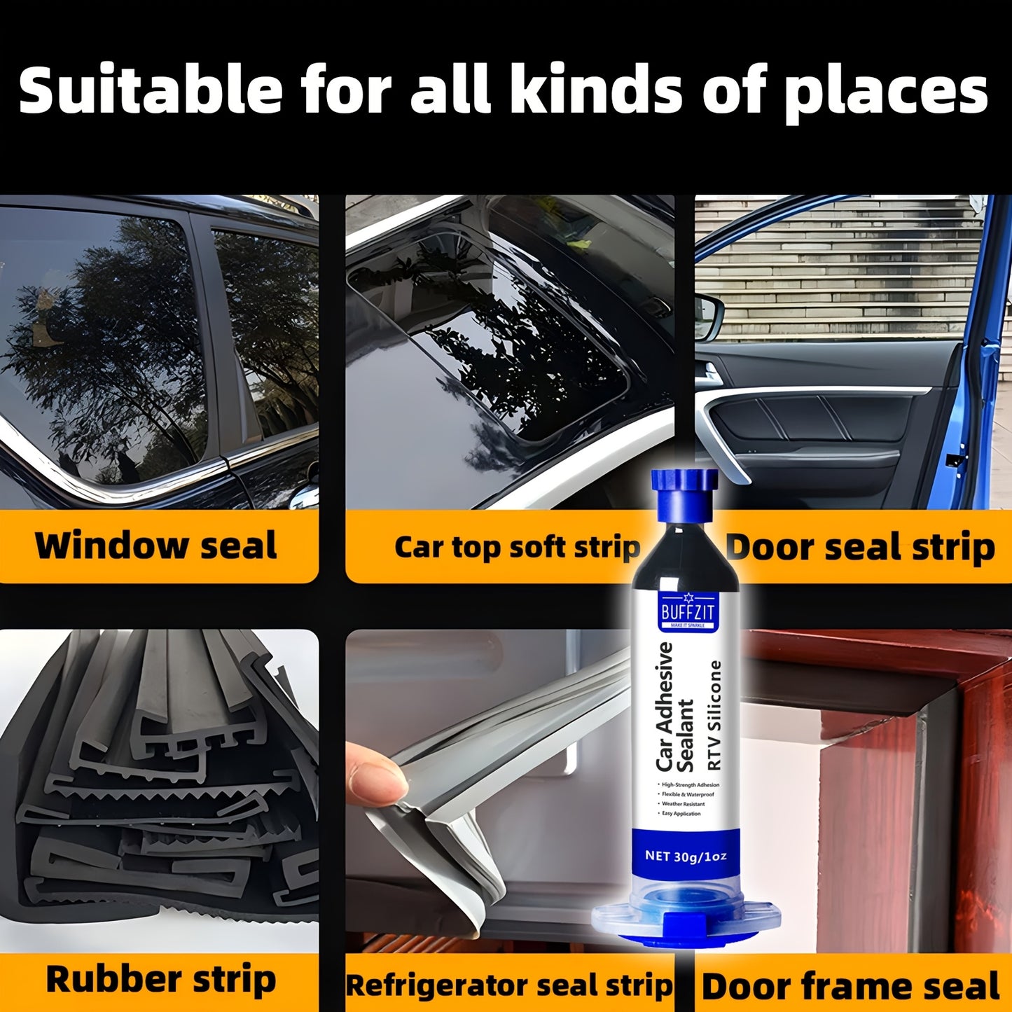 1oz RTV Black Silicone Adhesive Sealant, Waterproof, Flexible, Moisture-Proof, for Glass, Metal, Plastic, with Door Surface Application, for Automotive Wiring Protection, Silicone Sealant Waterproof