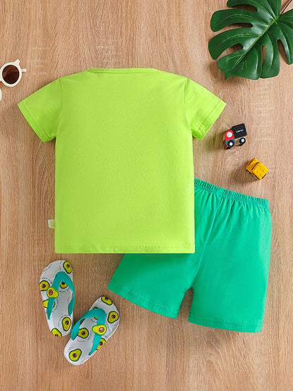 Boy's Tractors Print Casual Outfit Round Neck T-shirt & Shorts, Kids Summer Clothes Set For Daily And Outdoor Wear