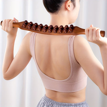 1pc 20-Bead Massage Stick with Wooden Handle - Muscle Shaping & Deep Tissue for Back, Neck, Abdomen, Hands, Legs, Waist - Post-Workout Relaxation Tool for Men & Women, Fascial Knife Stick, Body Massager, Ergonomic Design, Nat