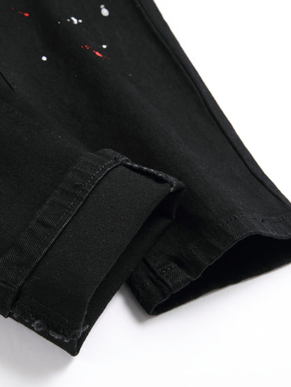 Patch Splatter Ripped Jeans, Men's Casual Street Style Distressed Slim Fit High Stretch Denim Pants For Spring Summer