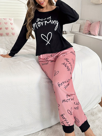 Conjunto casual para mulher para usar em casa, em todas as estações, com blusa de manga comprida com estampado de letras e corações em estilo cartoon, gola redonda e detalhes em patchwork.