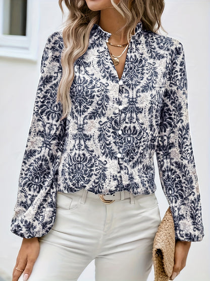 Allover Print Button Front Blouse, Casual Long Sleeve Blouse For Spring & Fall, Women's Clothing