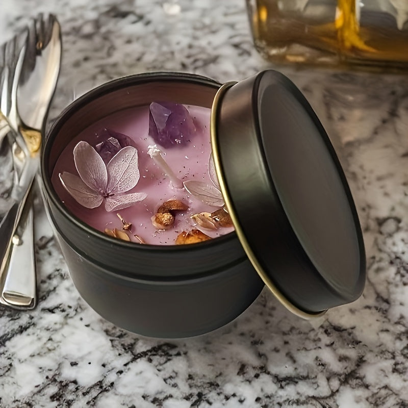 Elegant Lavender Scented Candle in Black Tin - Aesthetic Purple Crystals &amp; Petals Design, Soft Fragrance Natural Soy Wax - Ideal for Relaxation &amp; Home Decor, Perfect Women's Gift, Relaxation Candle|Spa Atmosphere Candle|Black
