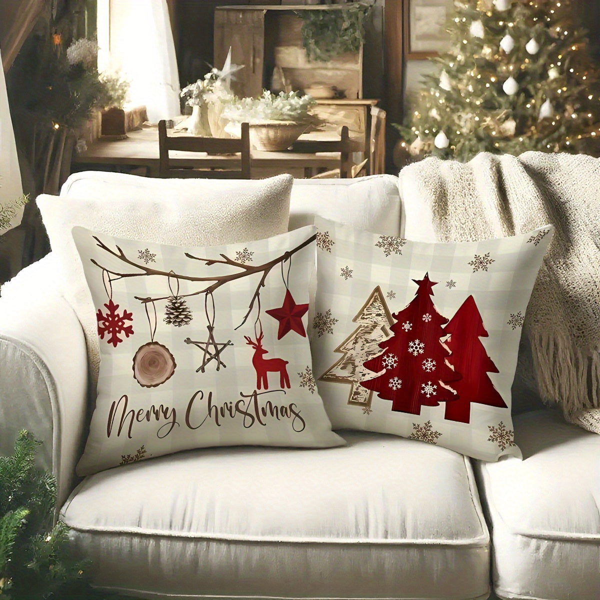 4pcs Christmas Themed Pillow Covers with Winter Elements like Christmas Trees, Snowflakes, and Reindeer - Festive Holiday Decorative Cushion Covers for Home, Car, Bed, Sofa, Office - Zipper Closure, Machine Washable, Polyeste