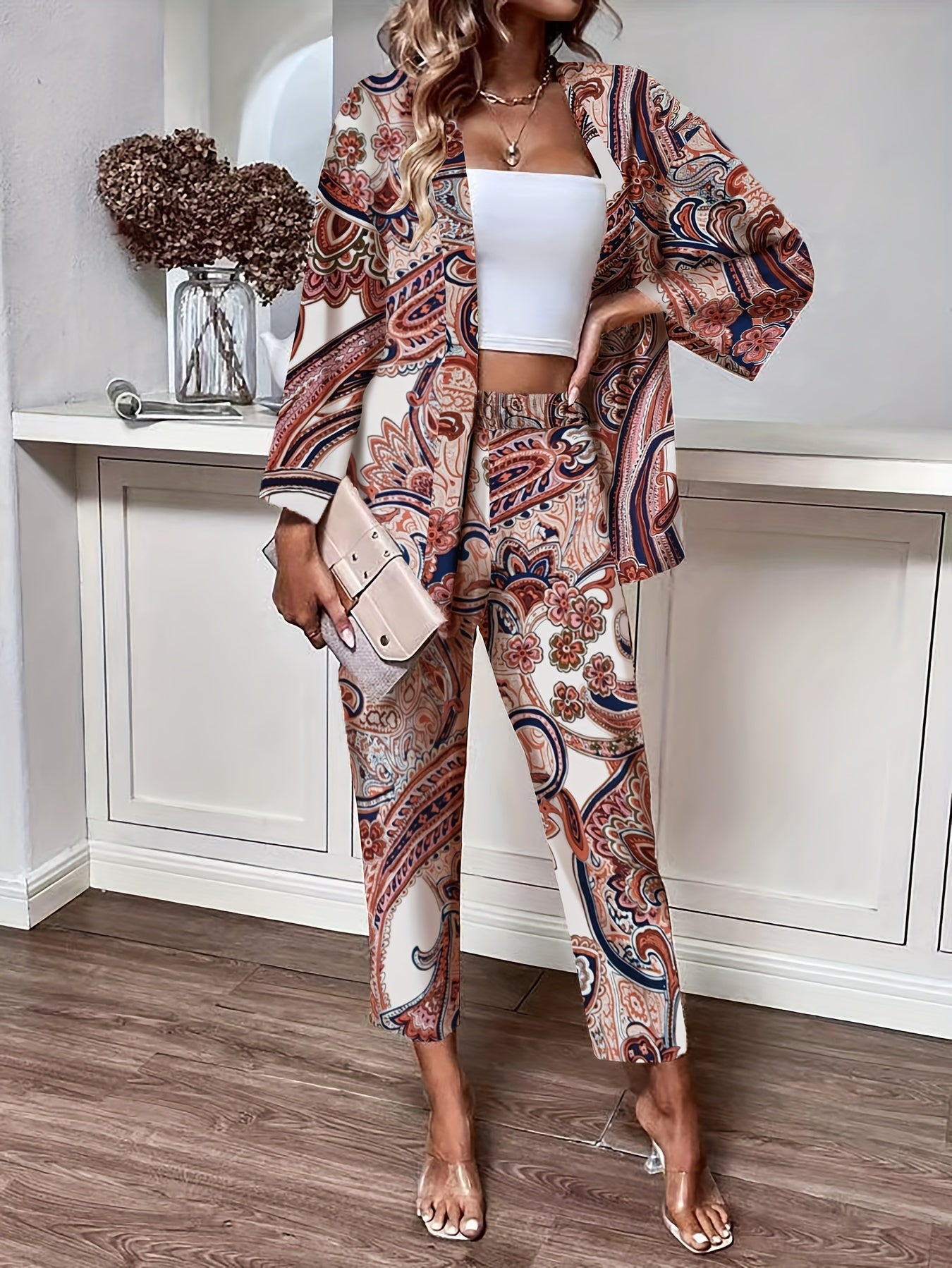 Boho Paisley Print Pants Set, Button Front Long Sleeve Blouse & Straight Leg Pants Outfits, Women's Clothing
