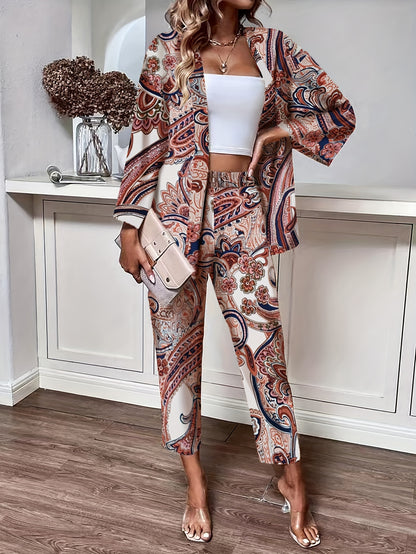 Boho Paisley Print Pants Set, Button Front Long Sleeve Blouse & Straight Leg Pants Outfits, Women's Clothing