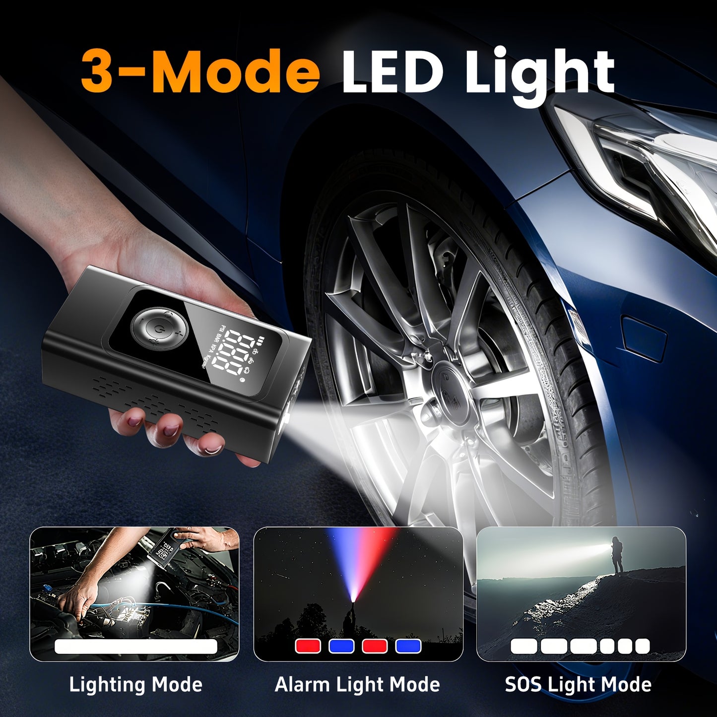 Portable Car Jump Starter with Air Compressor, 5.0 Gasoline/3.0L Diesel Battery Booster, 150PSI Automatic Shut-Off Tire Inflator, 12V Super Safe Lithium Jumper Box, Smart Electric Clamp, LCD Display & LED Light