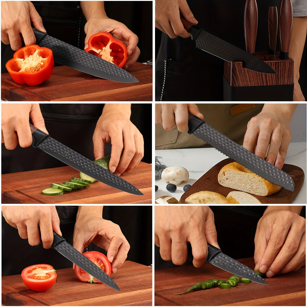 Conjunto de 7 facas de chef com bloco de facas em PE - Lâminas robustas em aço inoxidável 304, extra afiadas, pega ergonómica antiderrapante, facas de cozinha profissionais (chef, descascar, fatiar, pão, multiusos, tipo tesoura) - Kit de corte completo