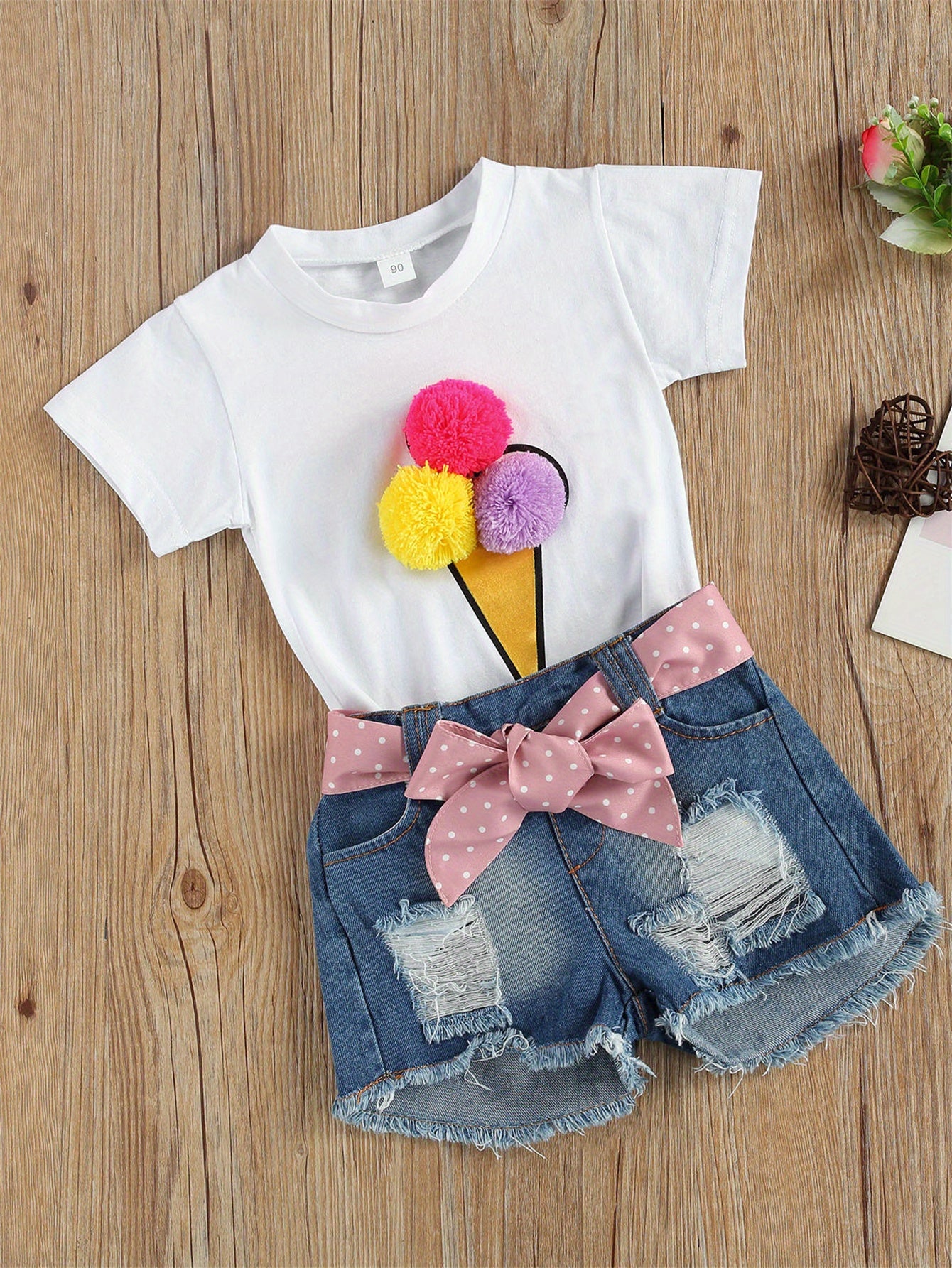 Adorable Girls' Ice Cream Print Short Sleeve Tee & Ripped Denim Shorts Set with Pink Bow Accent - Stretchy, Breathable Summer Outfit for Casual Wear, Perfect for Outdoor