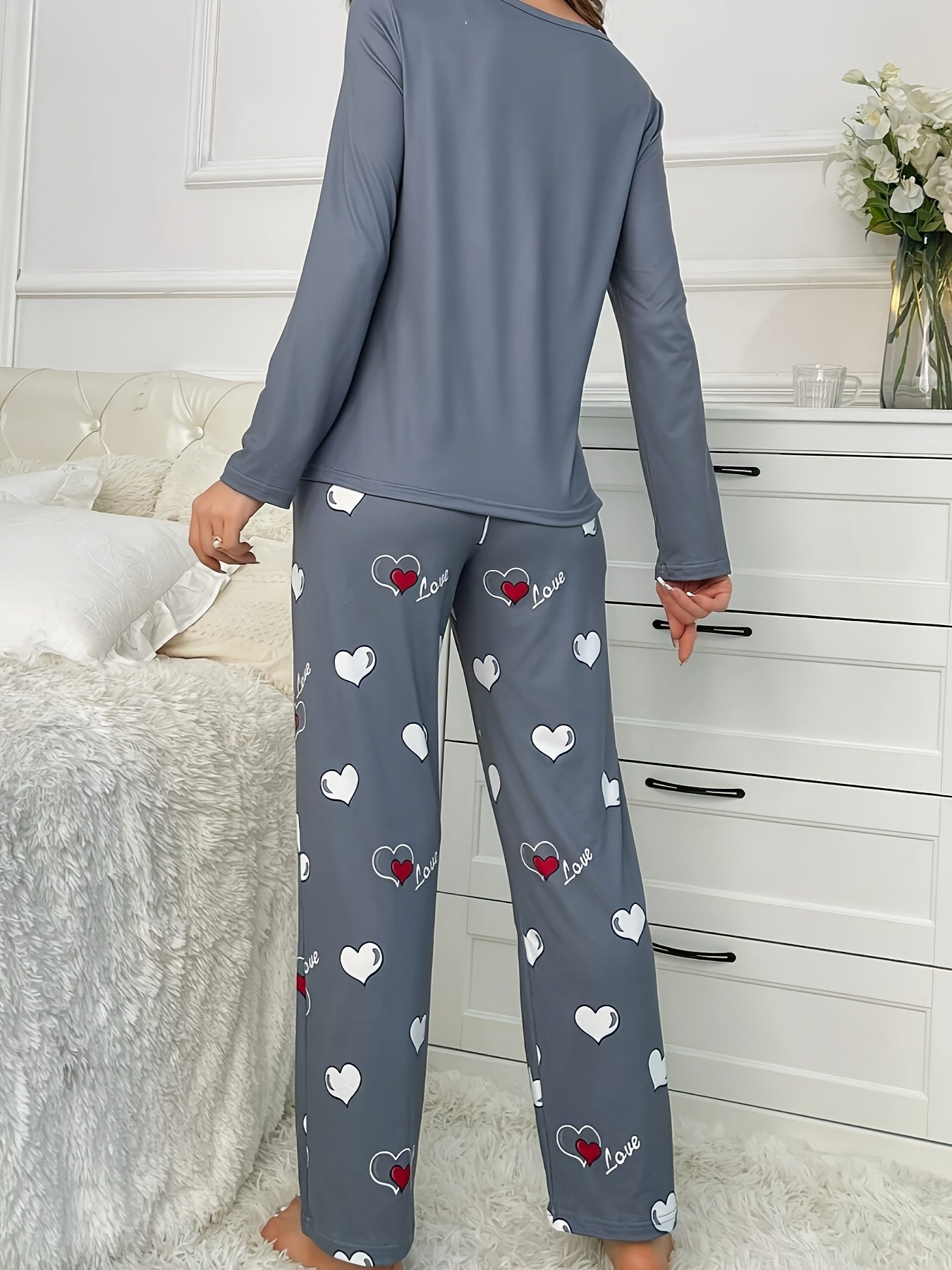 Plus Size Casual Heart Print Round Neck Long Sleeve Pantsuit