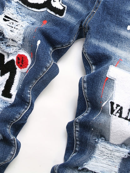Patch Splatter Ripped Jeans, Men's Casual Street Style Distressed Slim Fit High Stretch Denim Pants For Spring Summer
