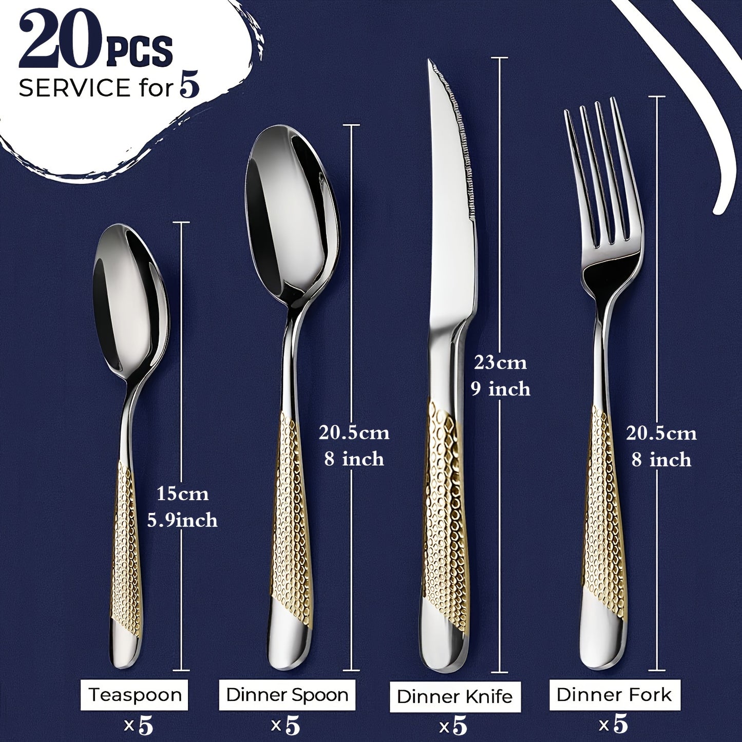 20/40-piece silverware cutlery set, textured hammer handle, durable cutlery including spoons, forks, knives, high-quality mirror-polished stainless steel, dishwasher safe, suitable for home kitchens, restaurants, hotels, and parties.