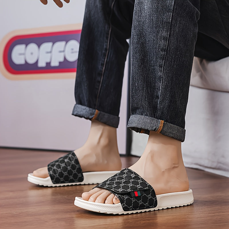 Men's Luxury Slip-On Slippers - Thick Cushioned EVA Sole & Soft PU Upper with Striped Pattern, All-Season Indoor/Outdoor House Shoes for Men, Comfortable Casual & Party Footwear (Black/White, Beige/Brown) - Unisex-Friendly De