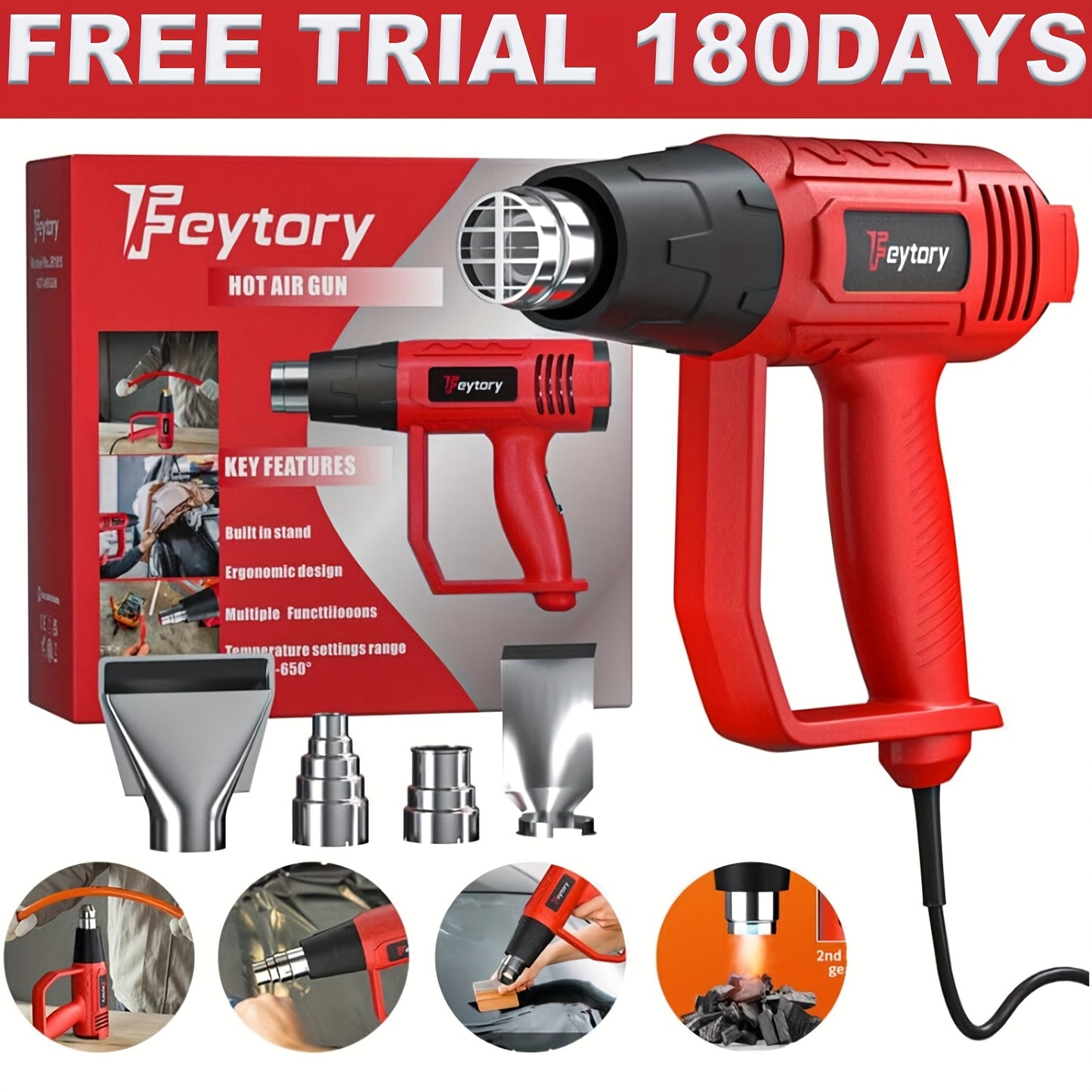 Heat Gun 2000W, Professional Electric Hot Air Gun Dual Temperature Settings 60C-600C and Overload Protection with 4 Nozzles, for Shrinking PVC, Crafts, Paint Stripping, Car Film, Embossing