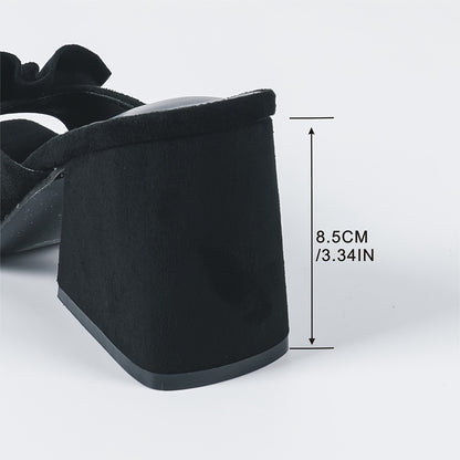 Chinelo feminino chique para o verão - Mules pretos de salto grosso e bico aberto, chinelos femininos de malha com salto alto e bico quadrado, com sola de borracha confortável.