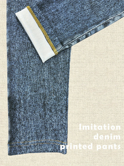 【imitation denim】New Women'S Fashion Casual Trendy Comfortable Breathable High-Waisted Stretchy Blue Faux Denim-Like Printed Leggings for Daily Commuting, Enhancing The Hips And Waist, Women'S Base Layer Pants, Fitted Leg