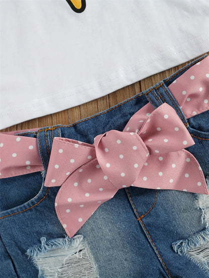 Adorable Girls' Ice Cream Print Short Sleeve Tee & Ripped Denim Shorts Set with Pink Bow Accent - Stretchy, Breathable Summer Outfit for Casual Wear, Perfect for Outdoor