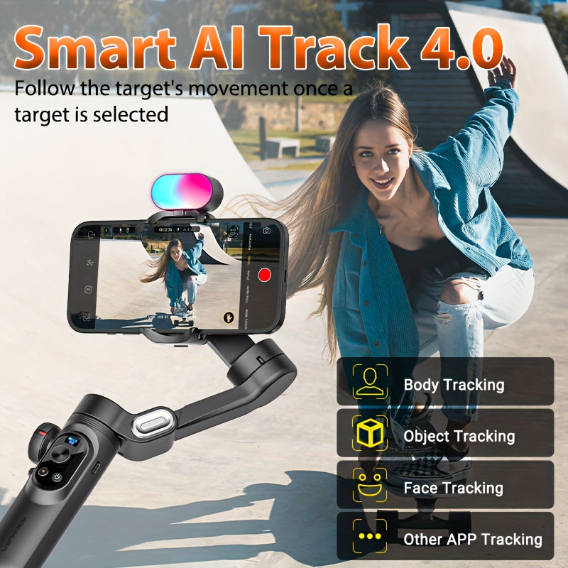 AOCHUAN Smart X Pro 3-Axis Stabilized Phone Gimbal Kit with AI Smart Control, 7-Color RGB Fill Light, OLED Display, Extendable Pole, 360° Rotation, Foldable Design, Long Battery Life, Professional Vlogging & Outdoor Shooting